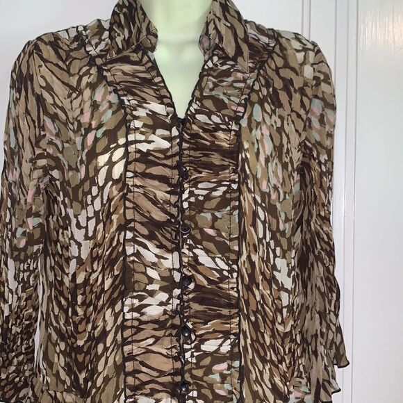 New Directions petite brown water colors ruched front crinkle cloth blouse - Picture 4 of 9